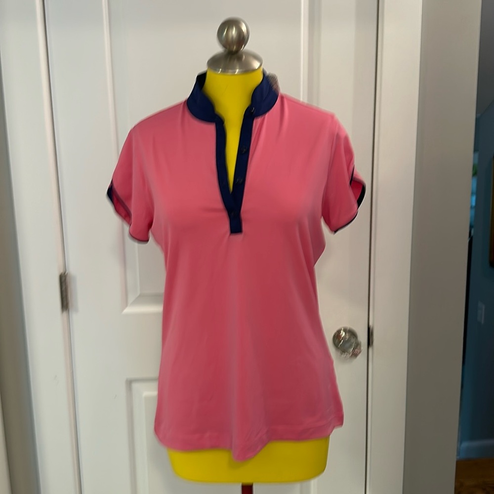 EP Pro / EP NY golf shirt. NWT! Moisture wicking. Bermuda Pink w/Navy trim, Sz M
